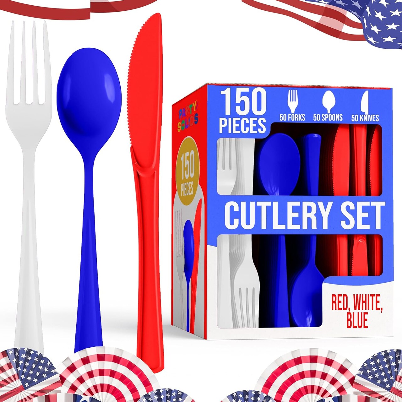 150PCS Patriotic Heavy Duty Plastic Silverware Set – Red, White & Blue Disposable Cutlery (Forks, Knives & Spoons) for 4th of July, Parties & Celebrations